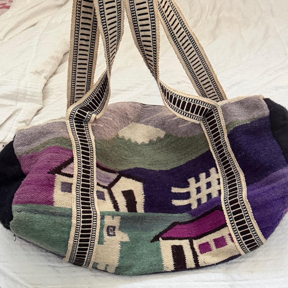 Lg Handwoven Scenic Multicolor Weekend Wool Carry Bag - Pink Purple Grey Black